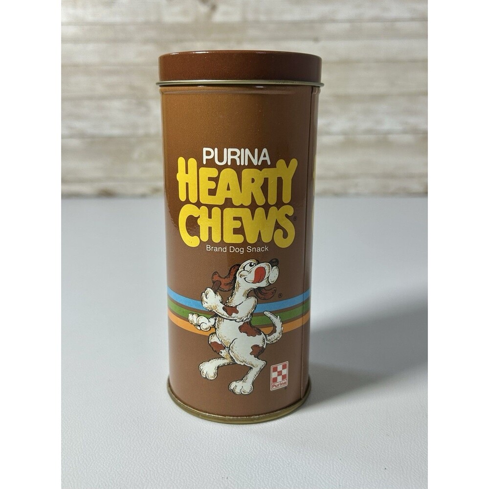 Vintage 1988 Purina Hearty Chews Dog Snack Treats Brown Tin Memorabilia w/ Box